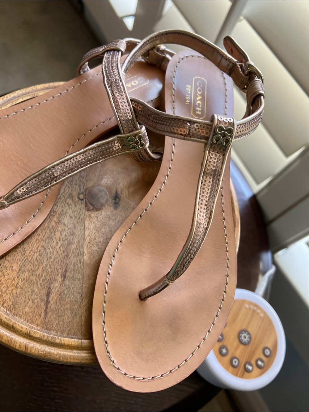 COACH, size 7.5, Metallic Brown Leather T-Strap Sandals, EUC